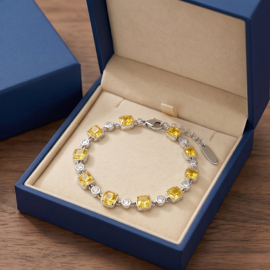 Golden Yellow Crystal Link Bracelet in Polished Silver Finish