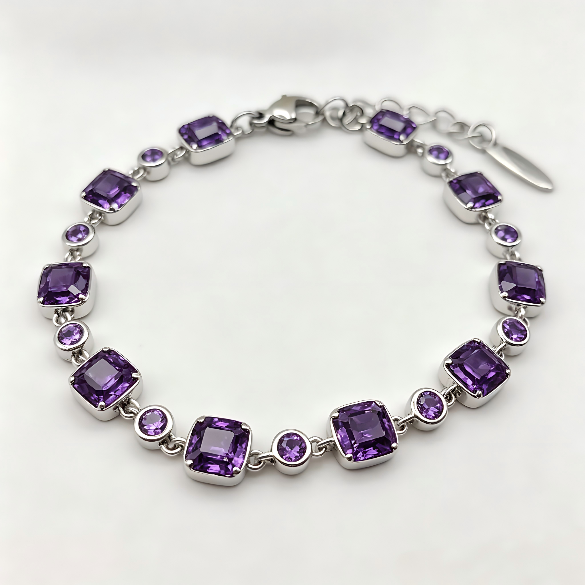 Elegant Purple Crystal Link Bracelet in Polished Silver Finish