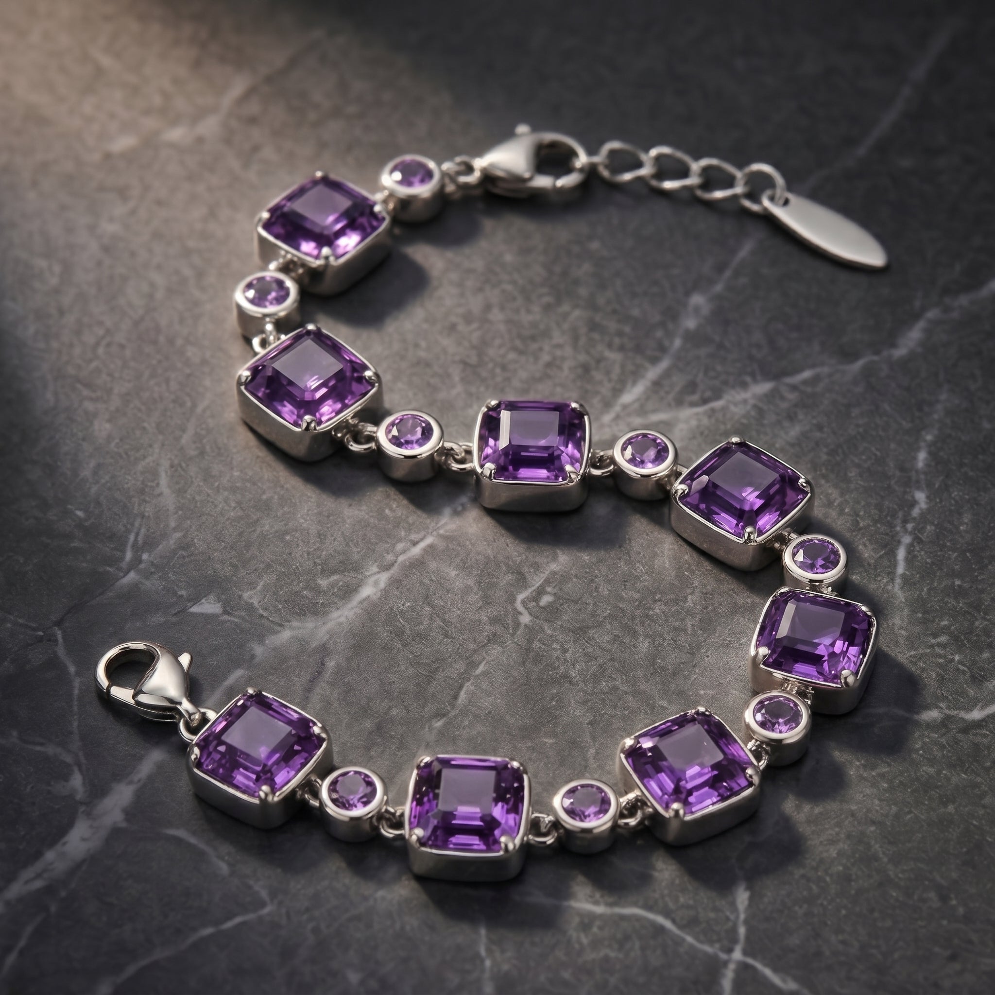 Elegant Purple Crystal Link Bracelet in Polished Silver Finish