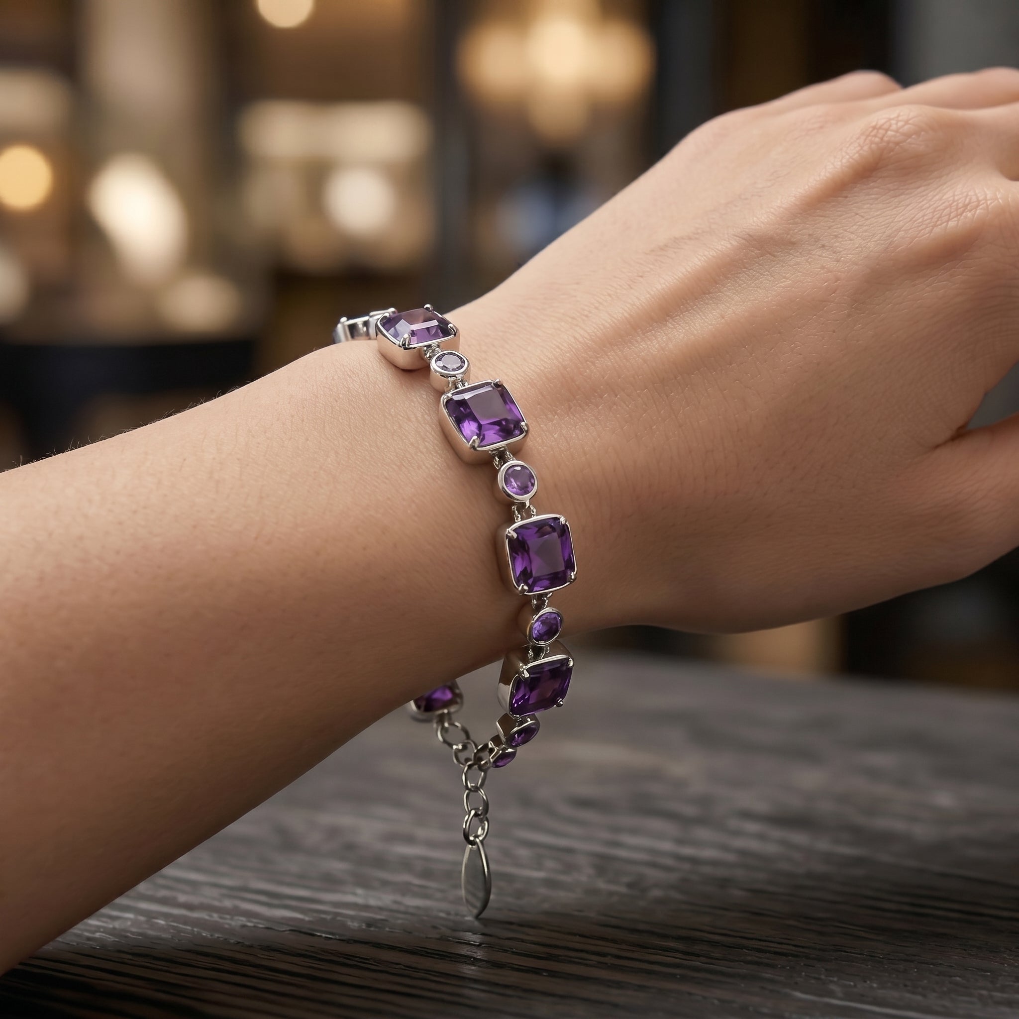 Elegant Purple Crystal Link Bracelet in Polished Silver Finish