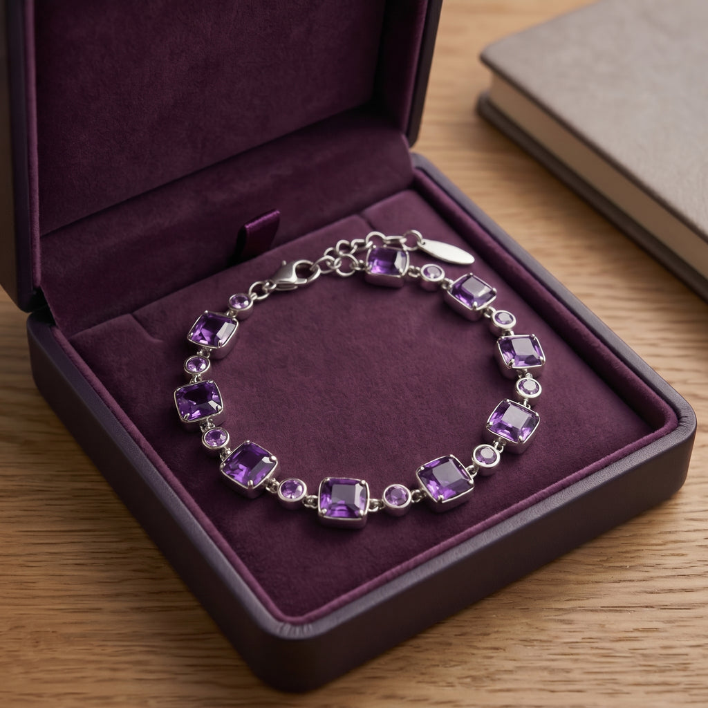 Elegant Purple Crystal Link Bracelet in Polished Silver Finish