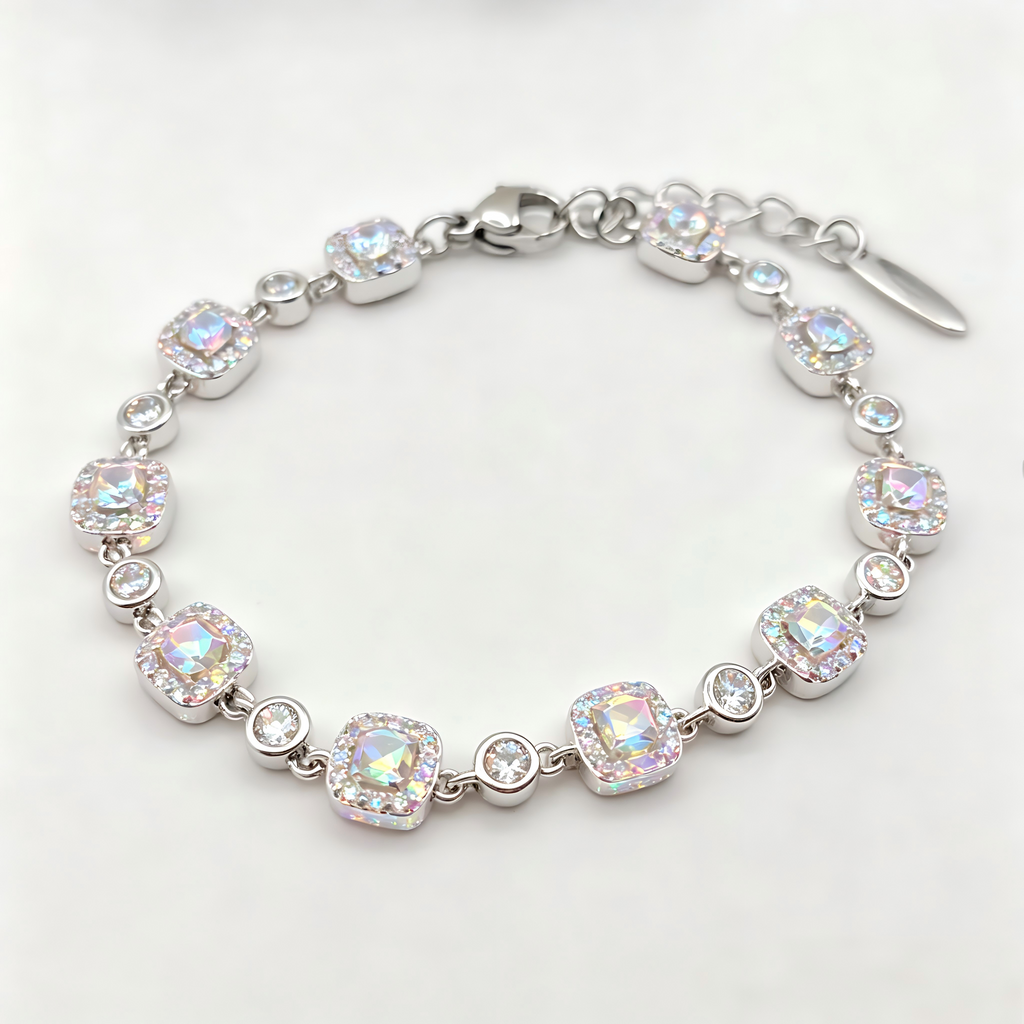 Iridescent Aurora Crystal Link Bracelet in Polished Silver Finish