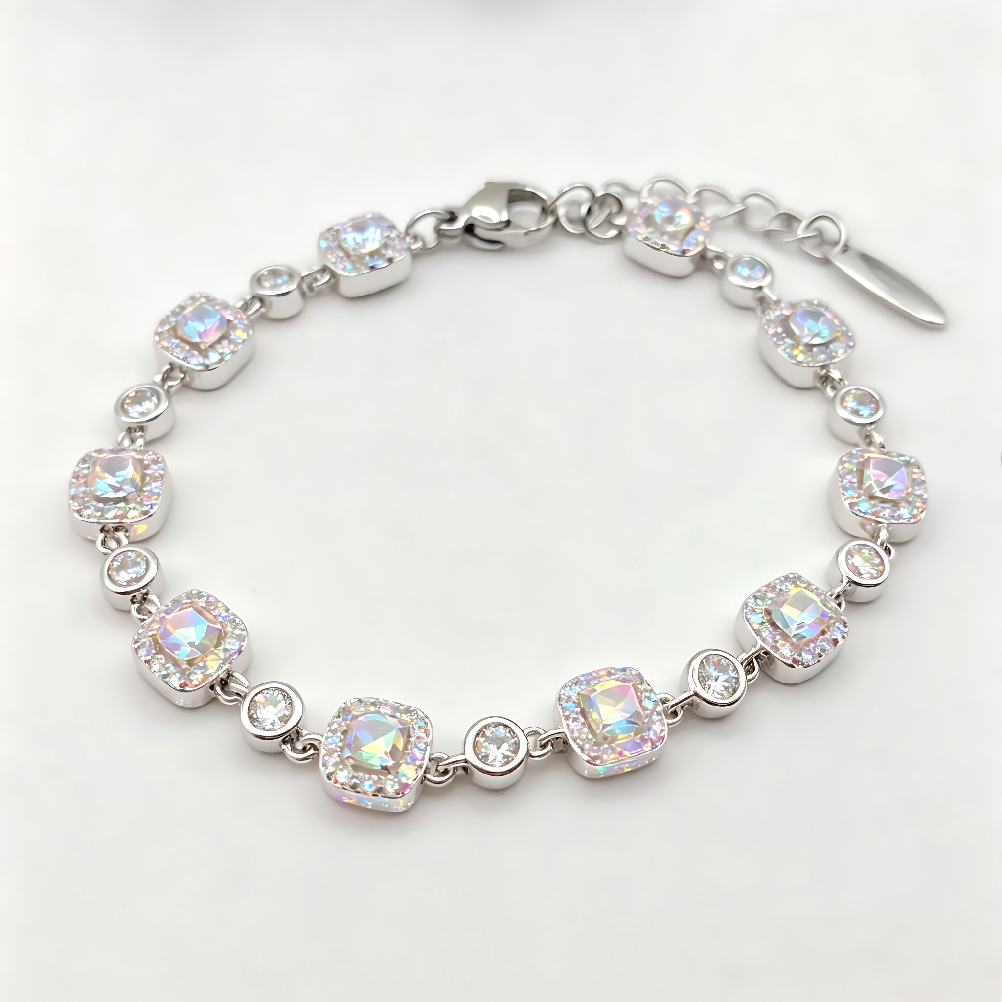 Iridescent Aurora Crystal Link Bracelet in Polished Silver Finish