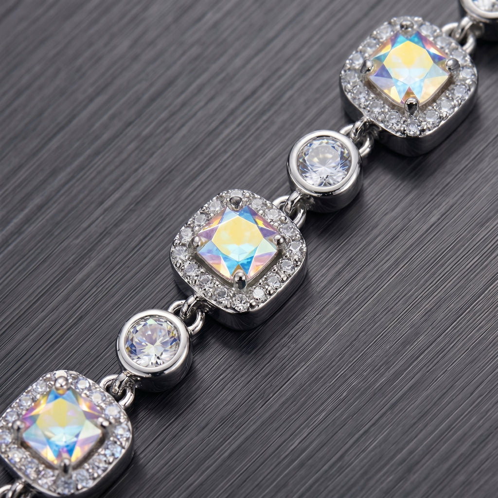 Iridescent Aurora Crystal Link Bracelet in Polished Silver Finish