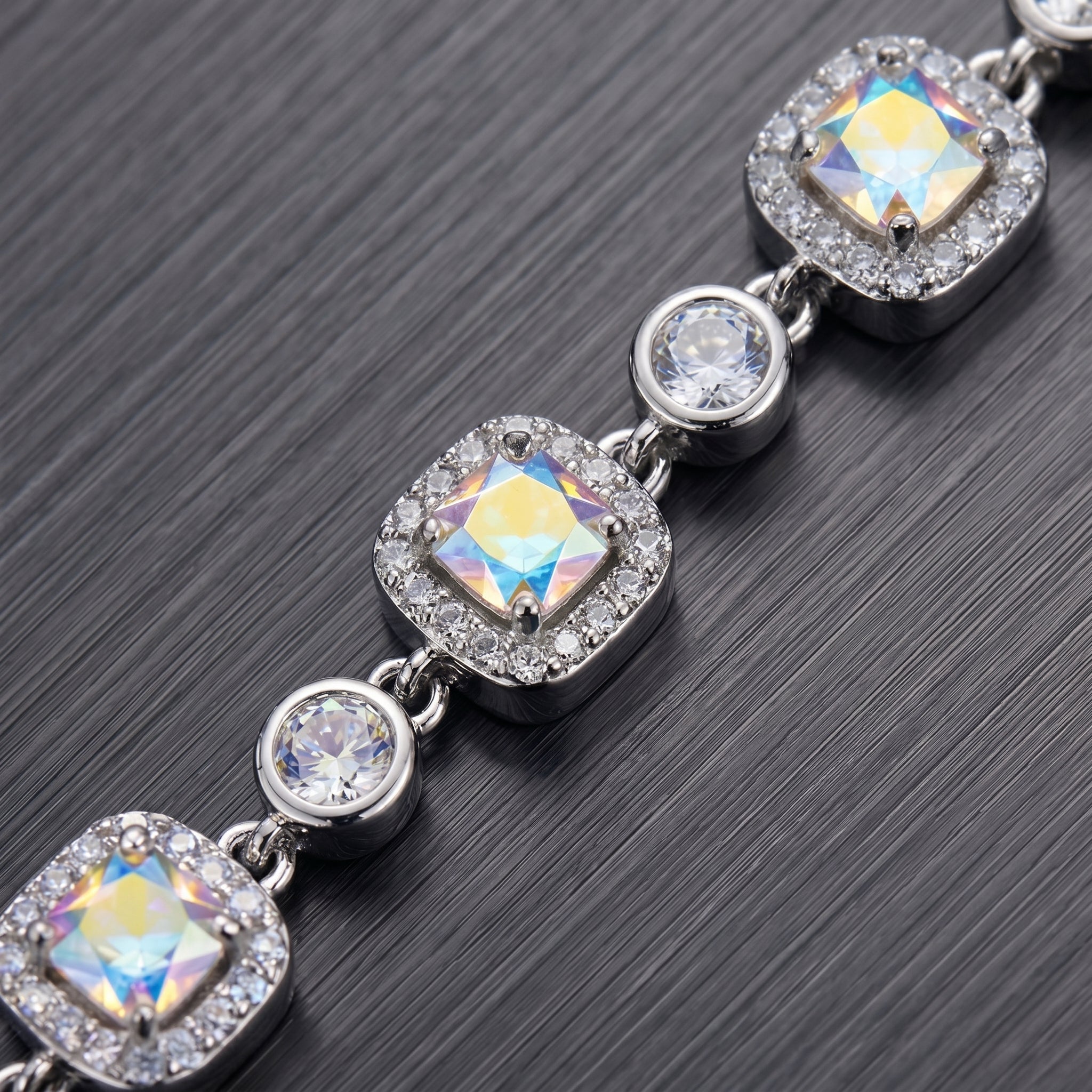 Iridescent Aurora Crystal Link Bracelet in Polished Silver Finish