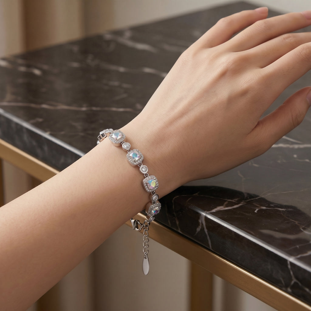 Iridescent Aurora Crystal Link Bracelet in Polished Silver Finish