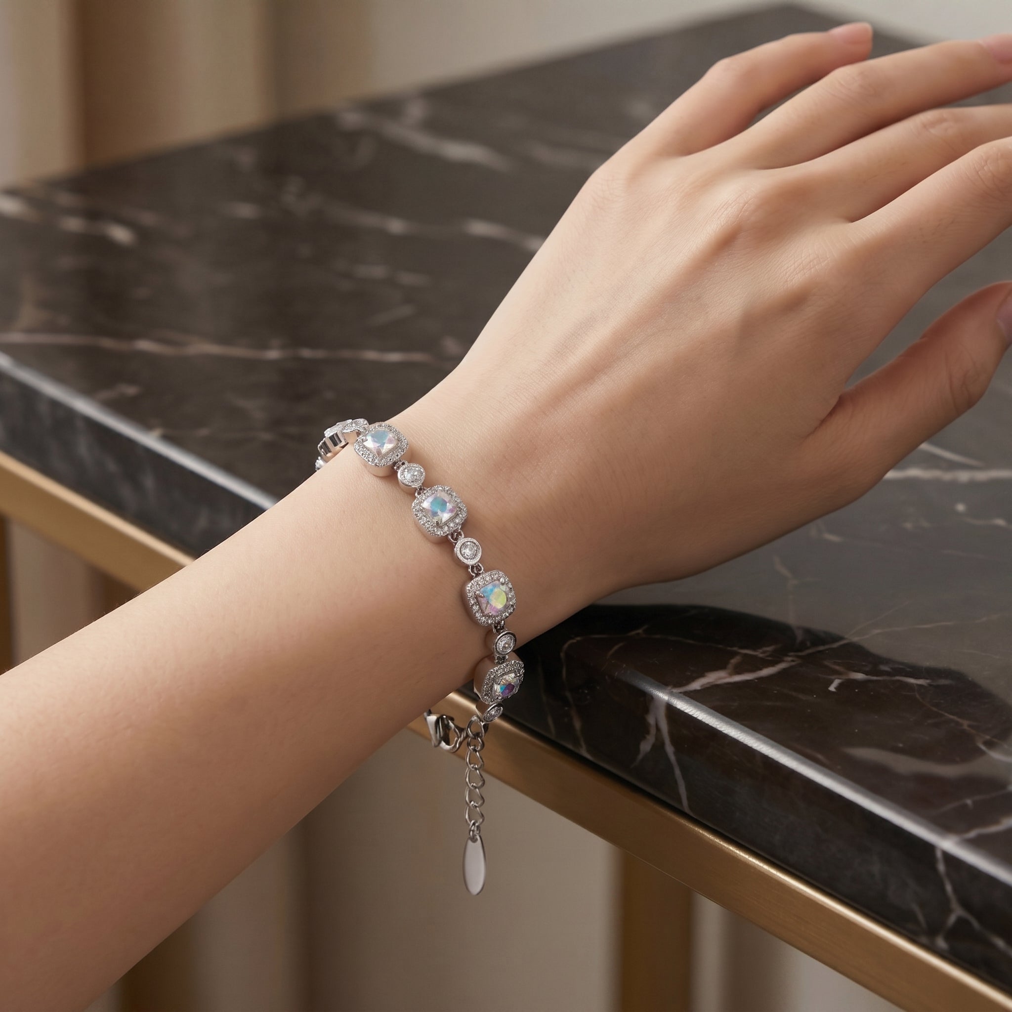 Iridescent Aurora Crystal Link Bracelet in Polished Silver Finish