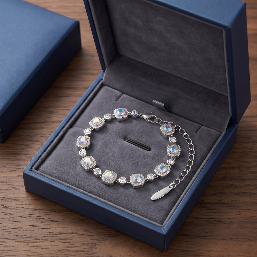 Iridescent Aurora Crystal Link Bracelet in Polished Silver Finish
