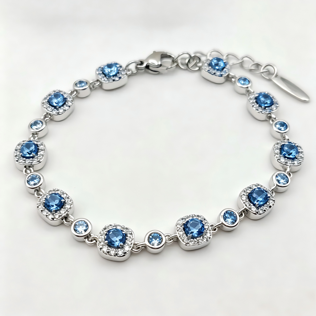 Ocean Blue Crystal Halo Link Bracelet in Polished Silver Finish