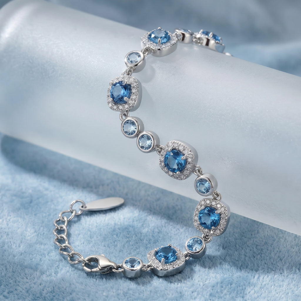 Ocean Blue Crystal Halo Link Bracelet in Polished Silver Finish