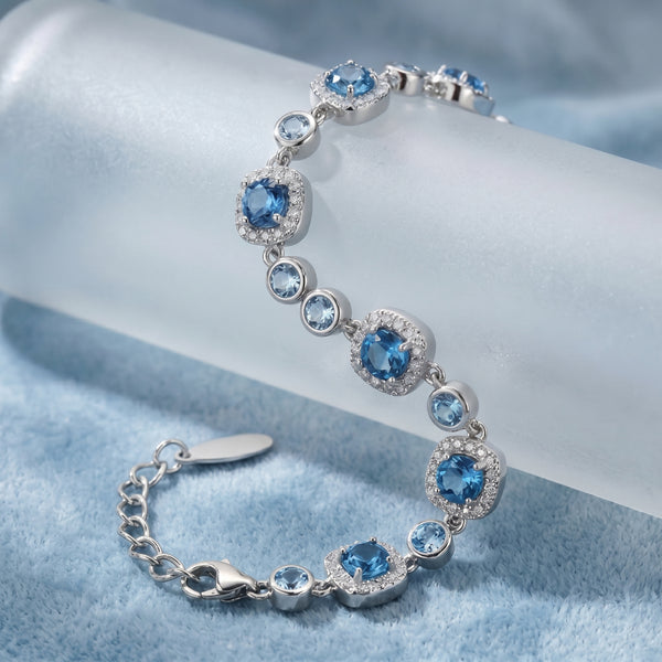 Ocean Blue Crystal Halo Link Bracelet in Polished Silver Finish