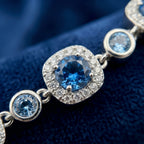 Ocean Blue Crystal Halo Link Bracelet in Polished Silver Finish