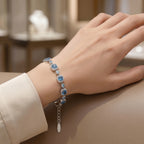 Ocean Blue Crystal Halo Link Bracelet in Polished Silver Finish