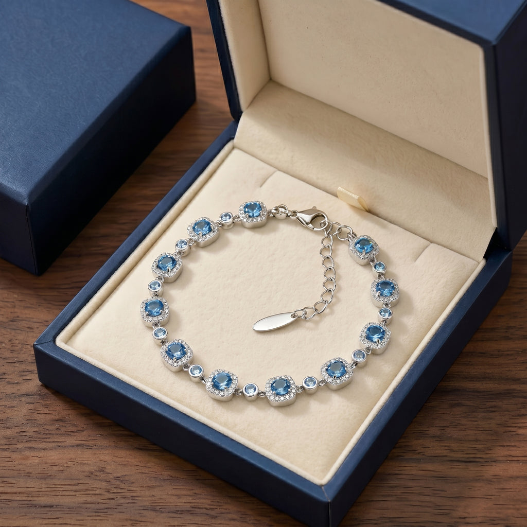 Ocean Blue Crystal Halo Link Bracelet in Polished Silver Finish
