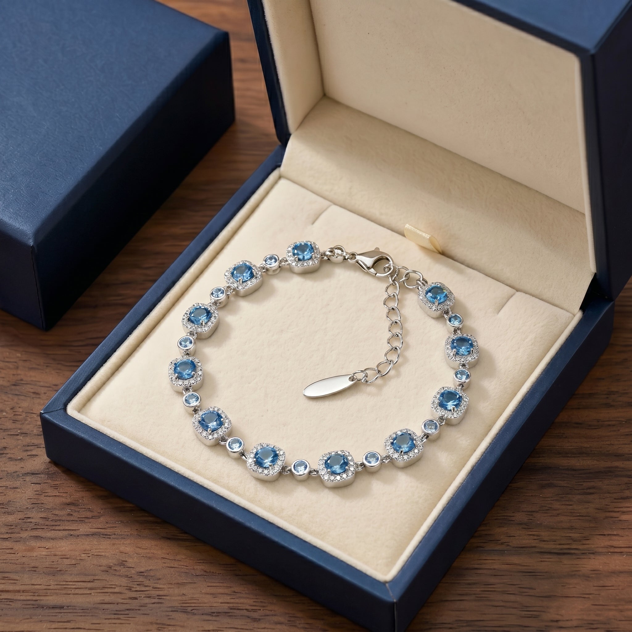 Ocean Blue Crystal Halo Link Bracelet in Polished Silver Finish