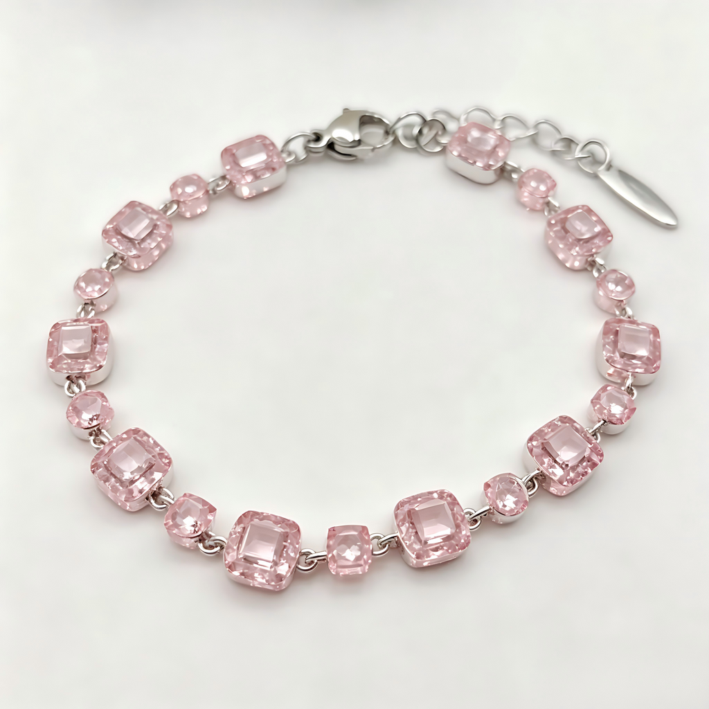 Soft Pink Crystal Link Bracelet in Polished Silver Finish