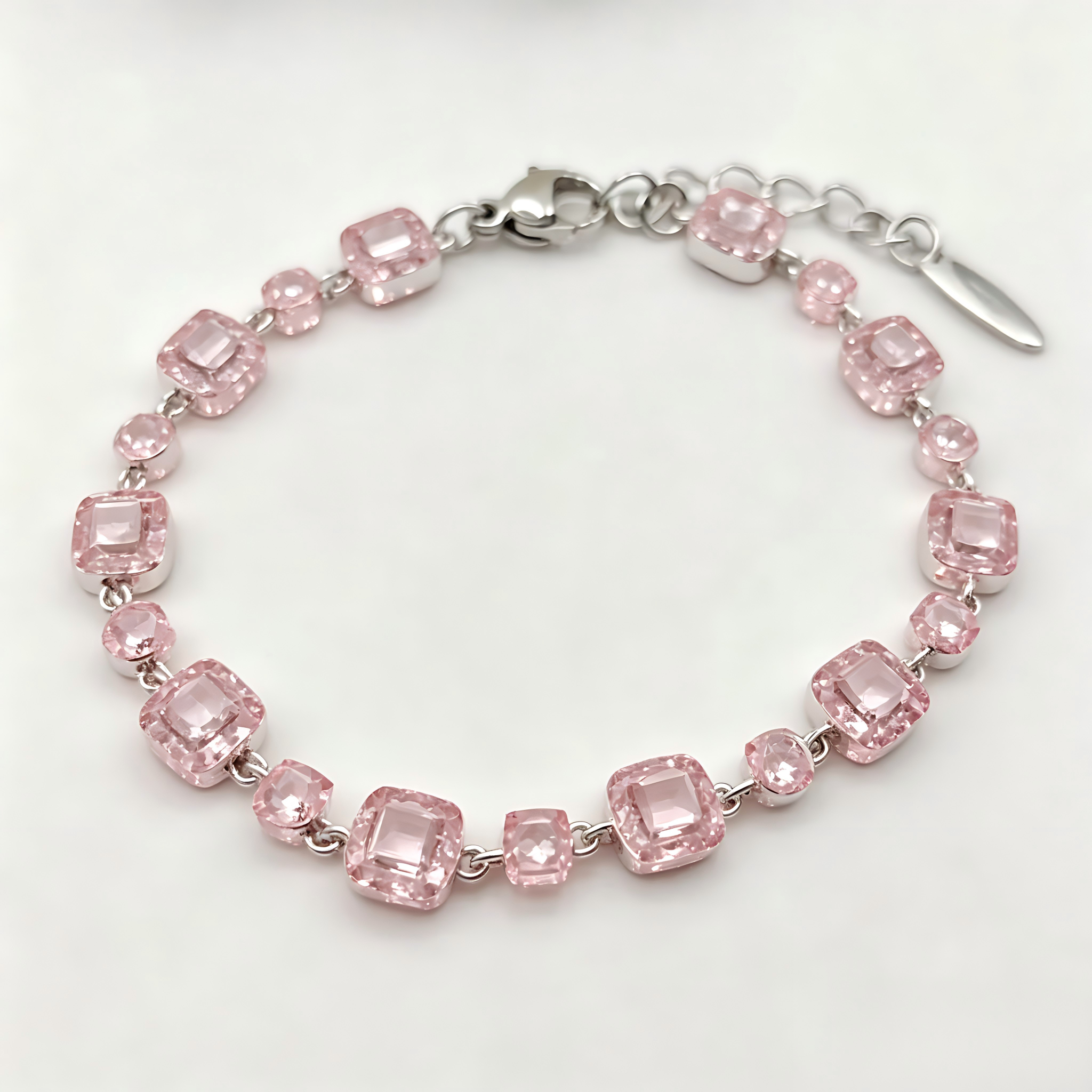 Soft Pink Crystal Link Bracelet in Polished Silver Finish