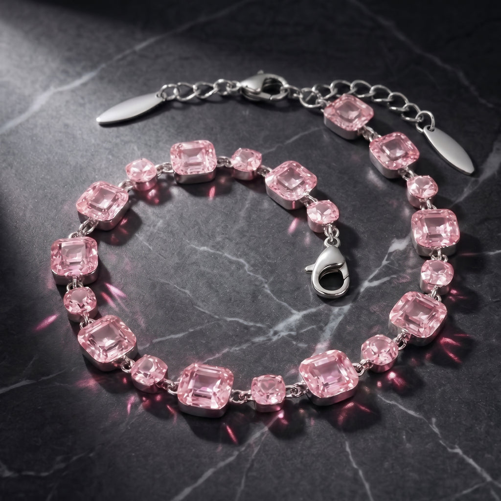 Soft Pink Crystal Link Bracelet in Polished Silver Finish