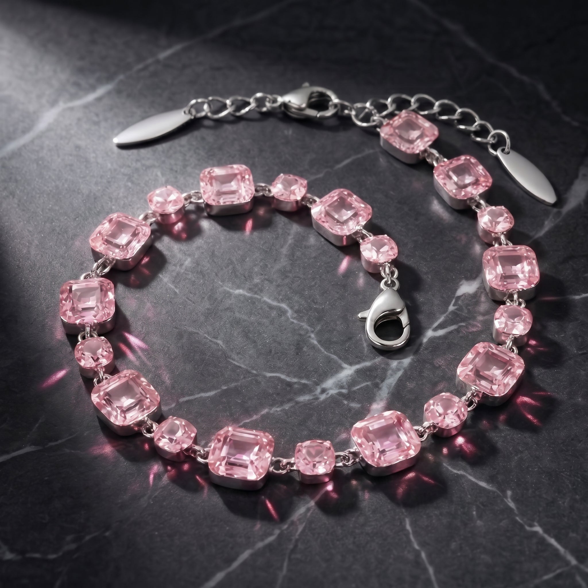 Soft Pink Crystal Link Bracelet in Polished Silver Finish
