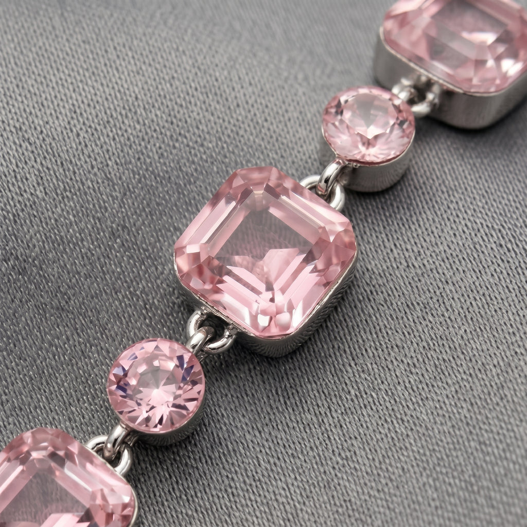 Soft Pink Crystal Link Bracelet in Polished Silver Finish