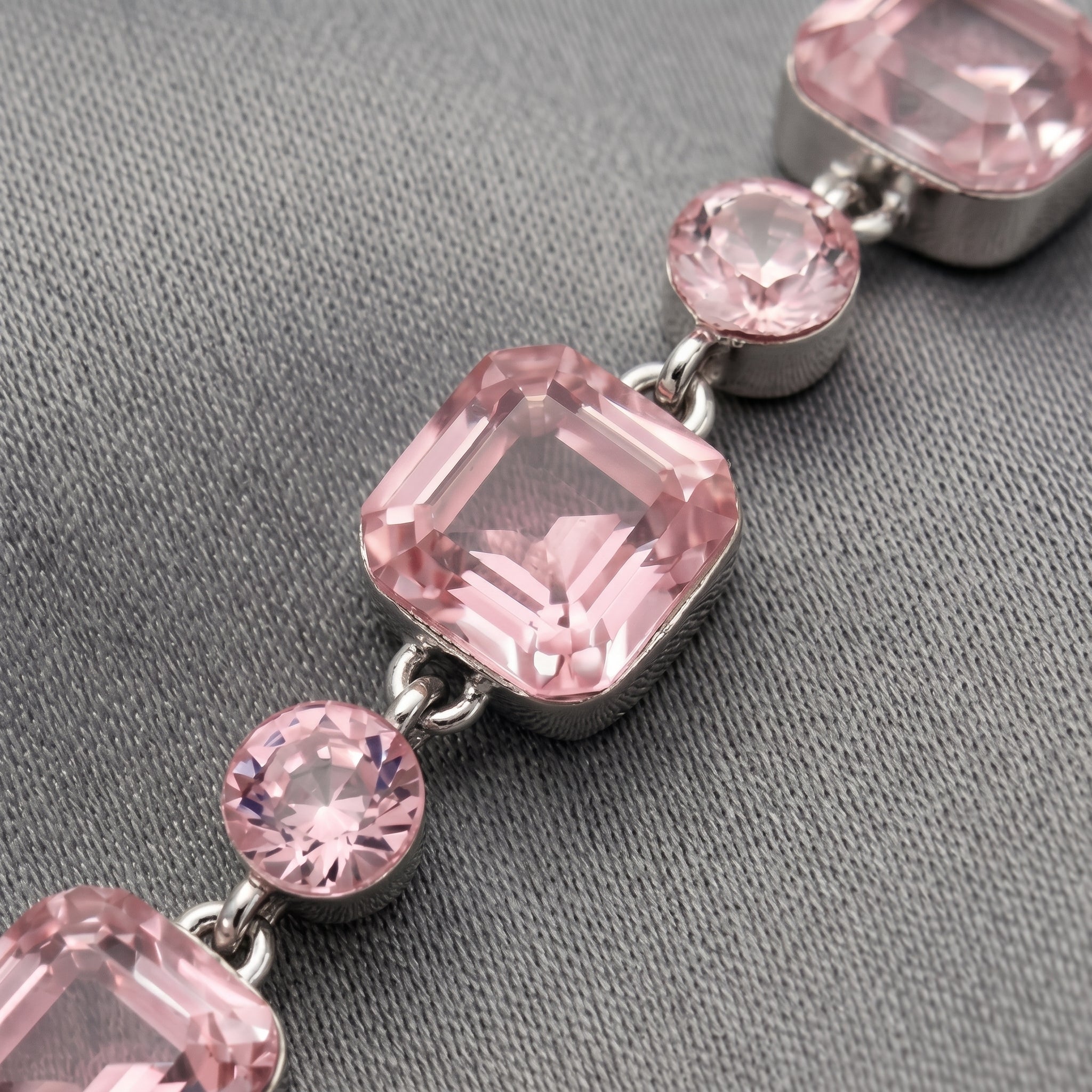 Soft Pink Crystal Link Bracelet in Polished Silver Finish