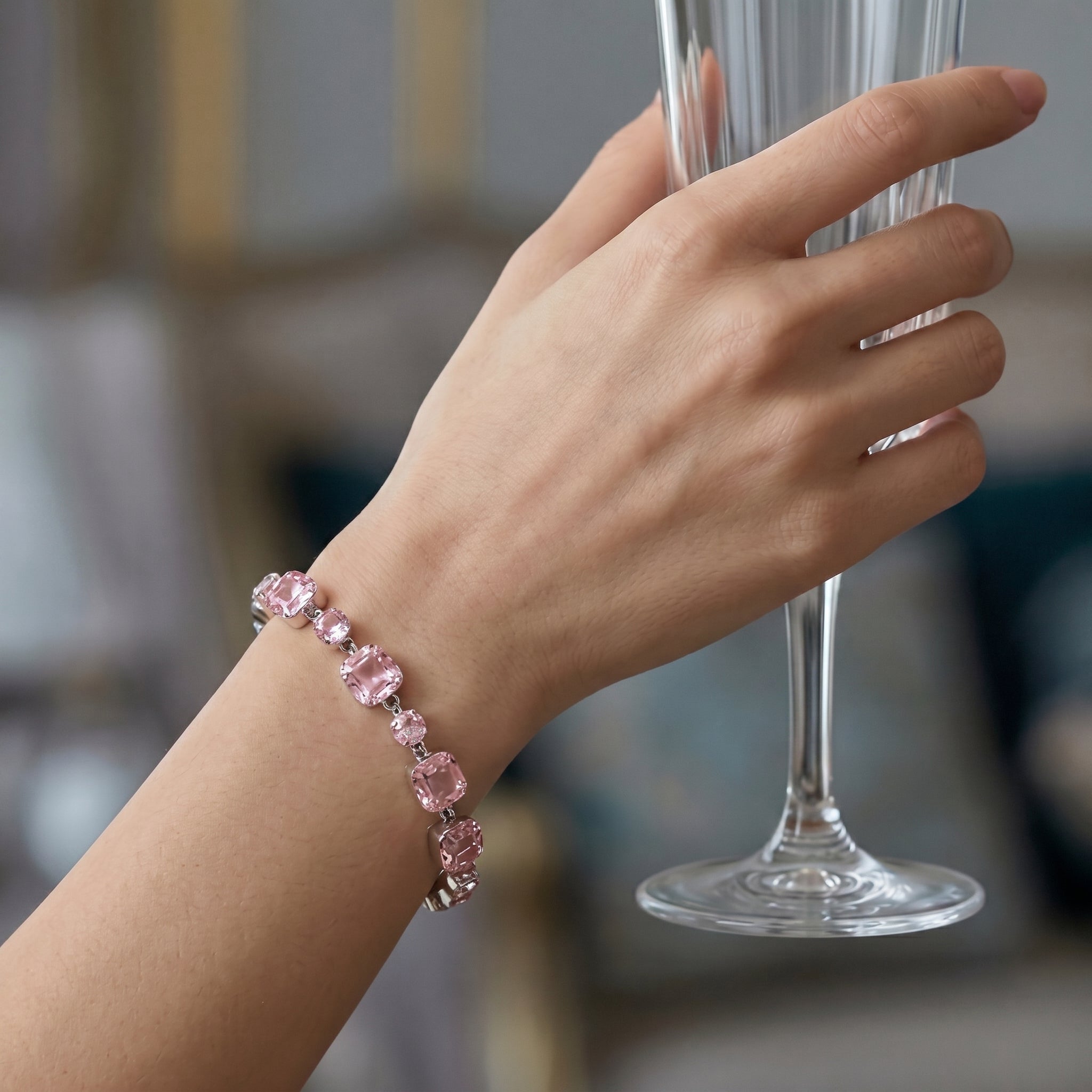 Soft Pink Crystal Link Bracelet in Polished Silver Finish