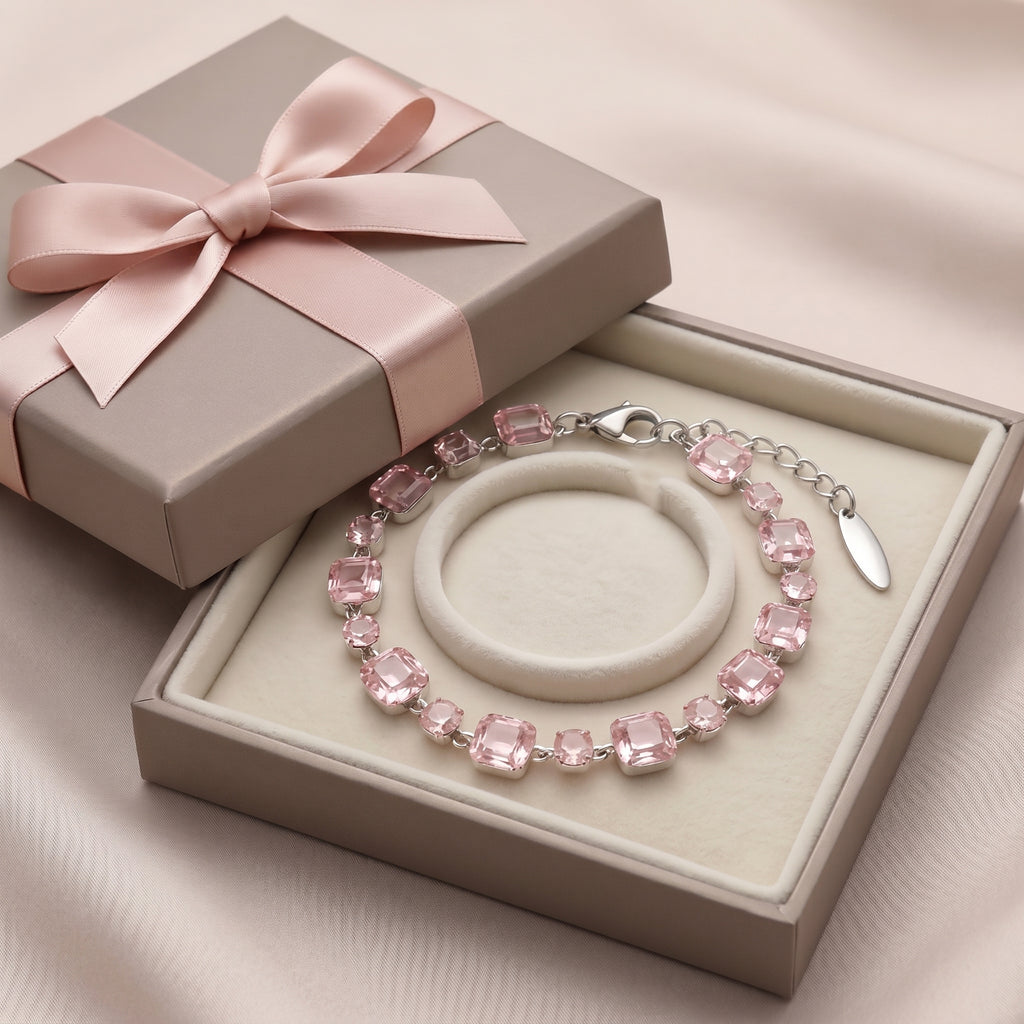 Soft Pink Crystal Link Bracelet in Polished Silver Finish