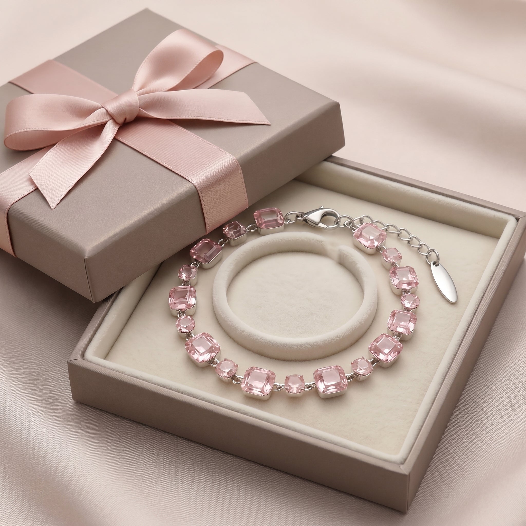 Soft Pink Crystal Link Bracelet in Polished Silver Finish