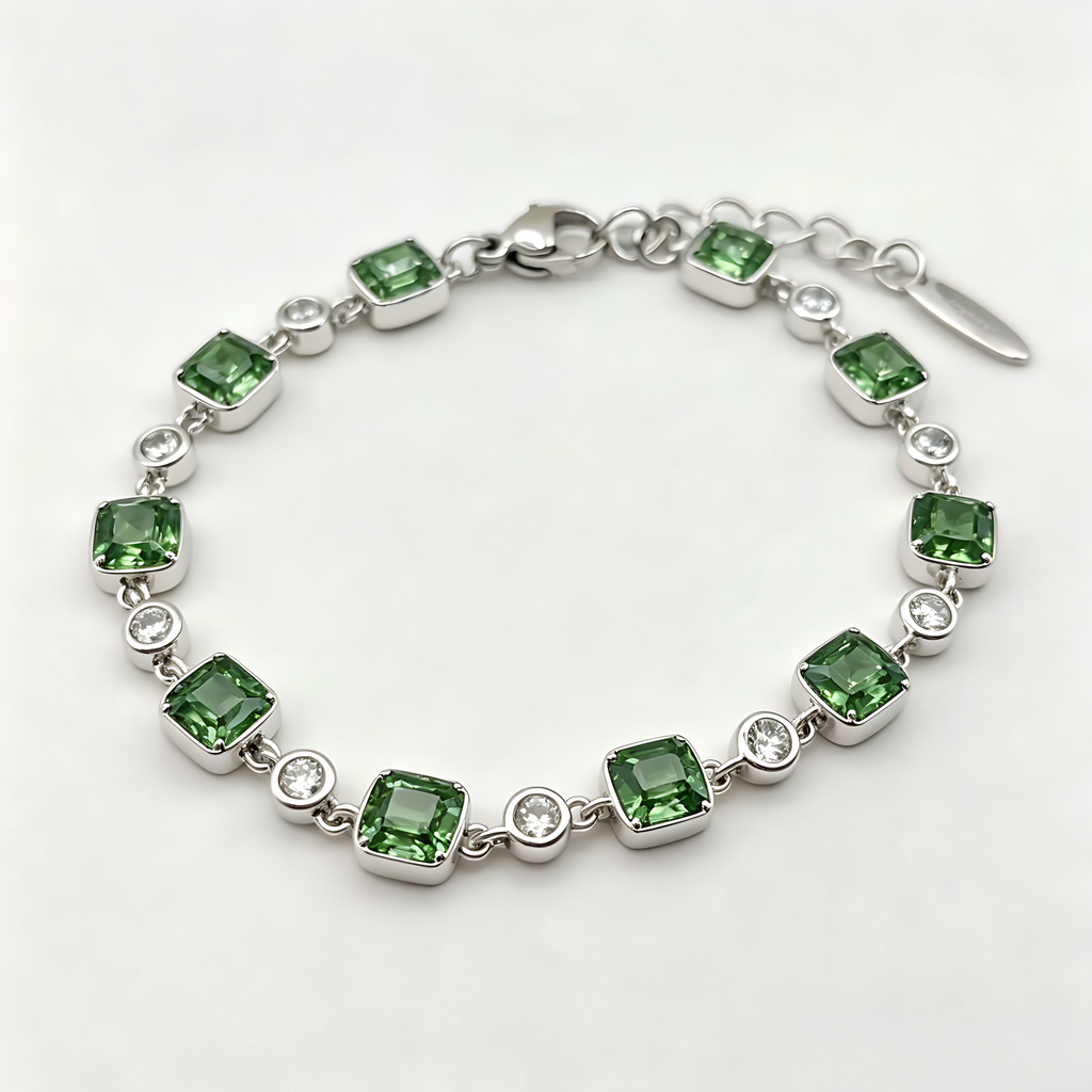Fresh Green Crystal Link Bracelet in Polished Silver Finish