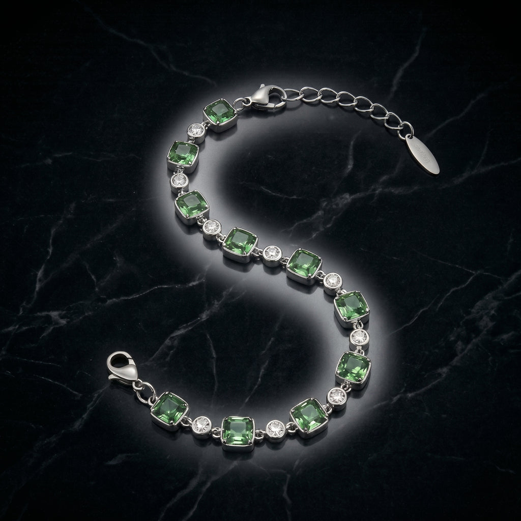 Fresh Green Crystal Link Bracelet in Polished Silver Finish