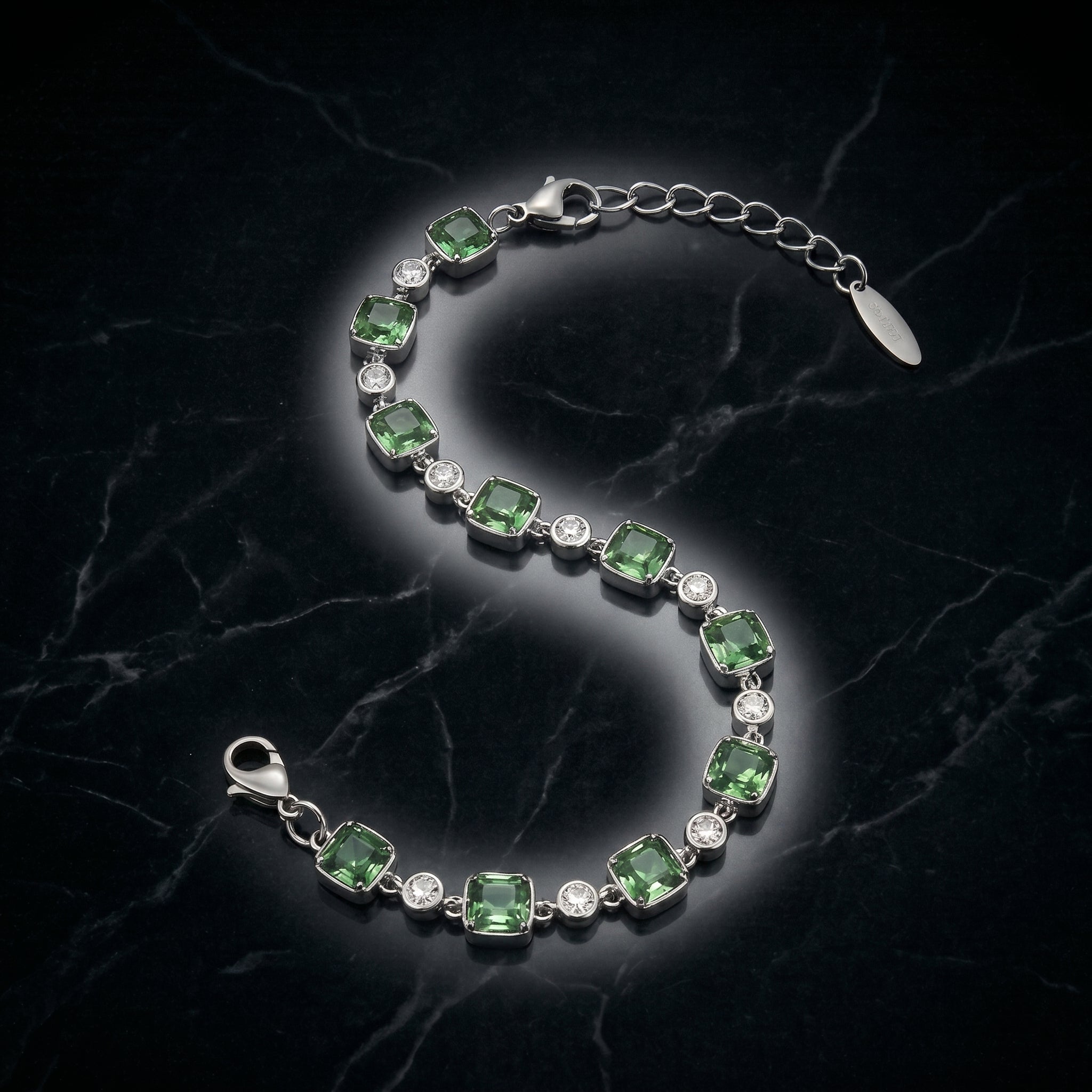 Fresh Green Crystal Link Bracelet in Polished Silver Finish