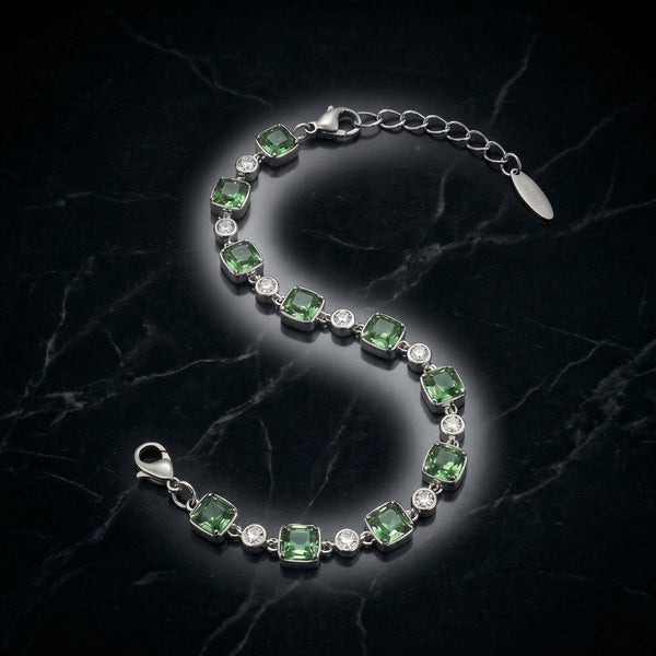 Fresh Green Crystal Link Bracelet in Polished Silver Finish