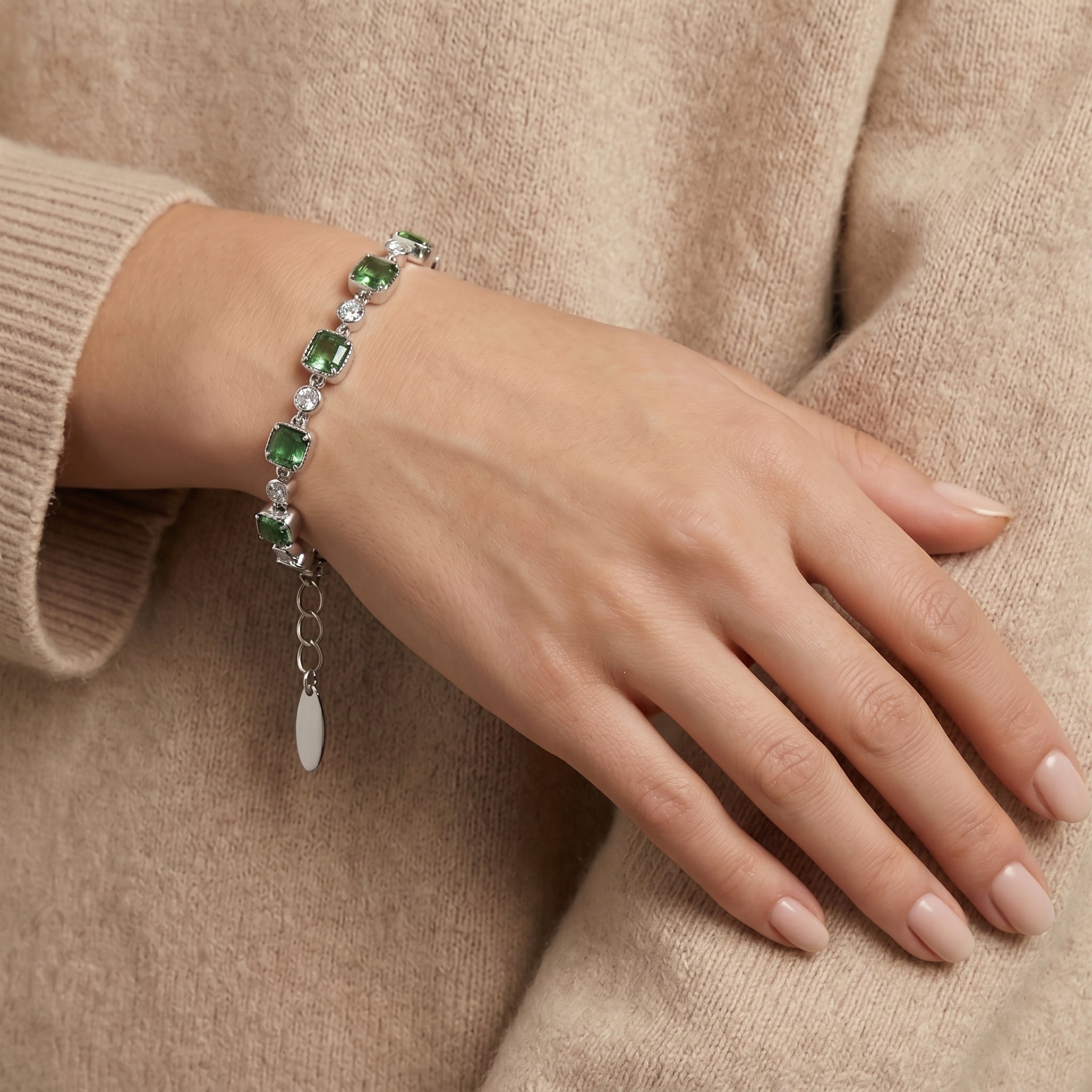 Fresh Green Crystal Link Bracelet in Polished Silver Finish